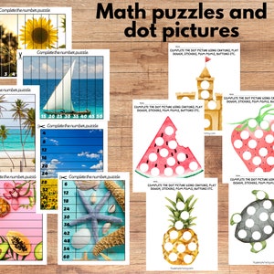May include: A set of printable summer-themed math puzzles for kids. The puzzles include dot-to-dot pictures of a sandcastle, watermelon, strawberry, pineapple, and turtle. The puzzles also include number puzzles with images of a sunflower, sailboat, palm trees, pineapples, and starfish.