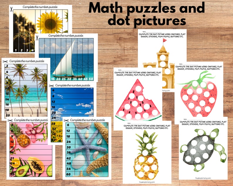 May include: A set of printable summer-themed math puzzles for kids. The puzzles include dot-to-dot pictures of a sandcastle, watermelon, strawberry, pineapple, and turtle. The puzzles also include number puzzles with images of a sunflower, sailboat, palm trees, pineapples, and starfish.