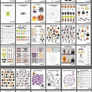 May include: A set of 45 printable Halloween-themed worksheets for kids. The worksheets include activities such as tracing, counting, cutting, and matching. The worksheets feature various Halloween characters and objects, such as pumpkins, ghosts, bats, witches, and candy.