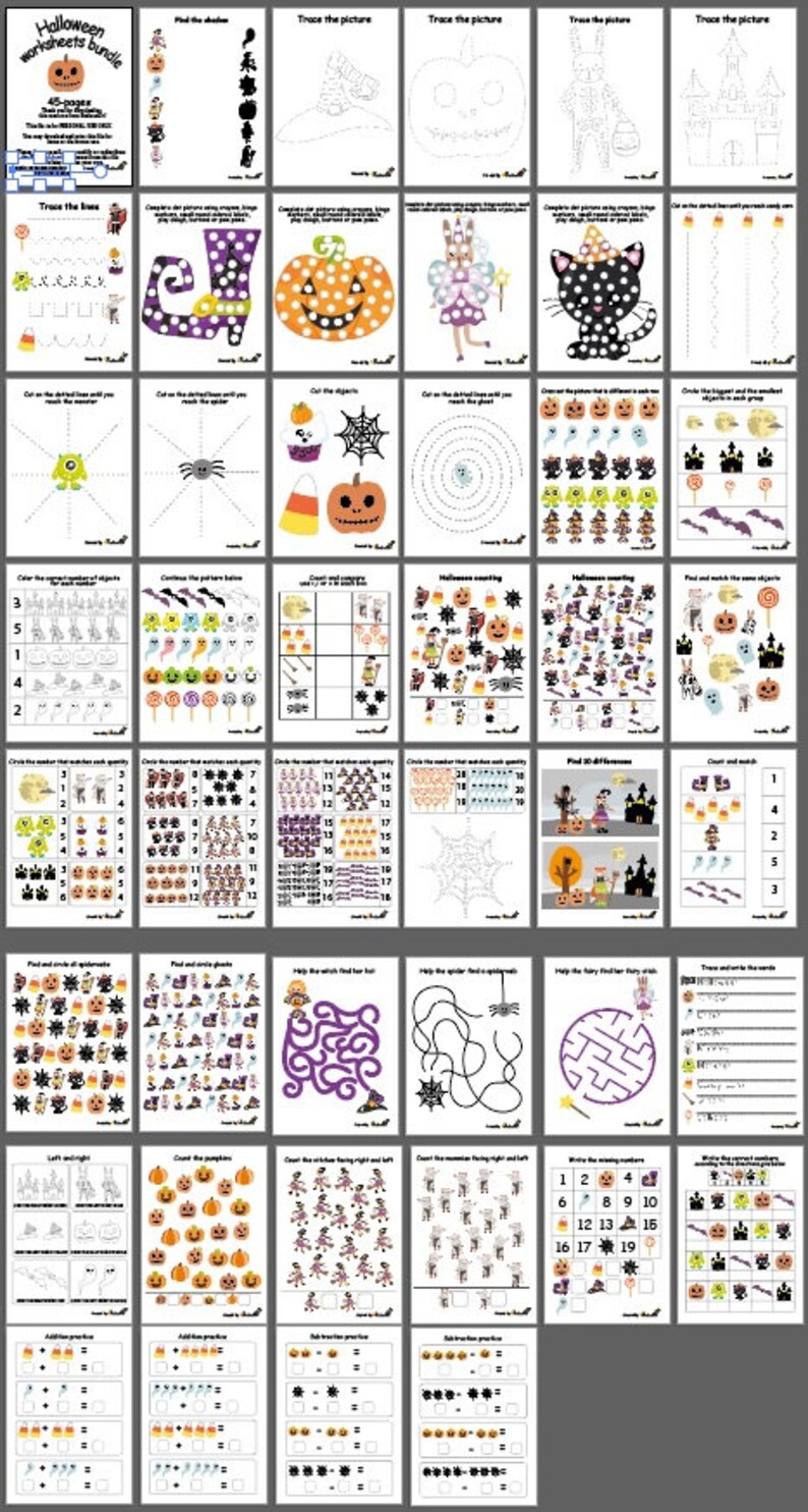 May include: A set of 45 printable Halloween-themed worksheets for kids. The worksheets include activities such as tracing, counting, cutting, and matching. The worksheets feature various Halloween characters and objects, such as pumpkins, ghosts, bats, witches, and candy.