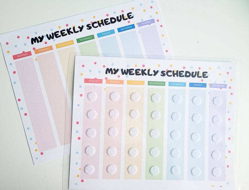 May include: Two white printable weekly schedule templates with colorful dots and a rainbow color scheme. The top template is blank and the bottom template has white circles for marking.