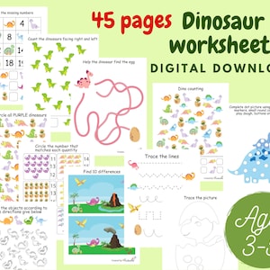Planilhas pré-escolares de dinossauros para crianças, livro ocupado de Dino para impressão, planilhas de jardim de infância, livro de atividades para crianças, fichário de aprendizagem de dinossauros