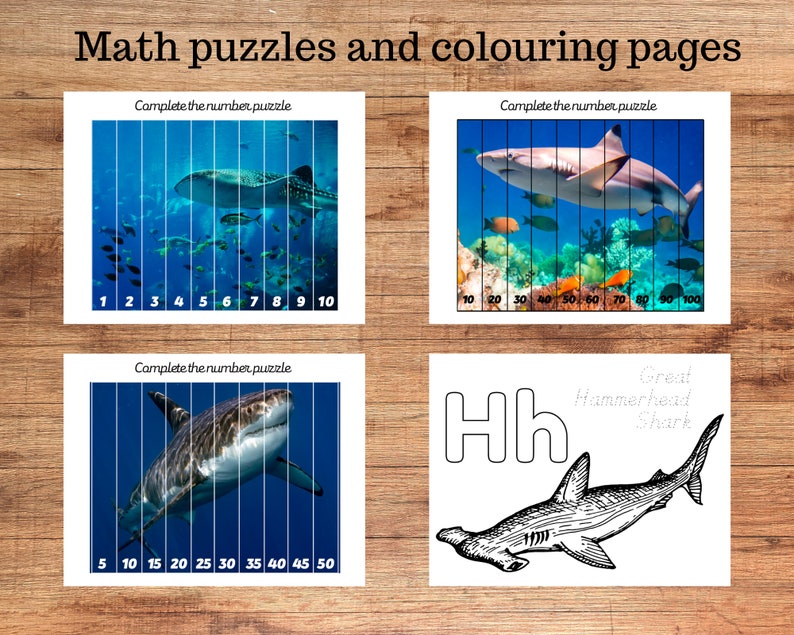 May include: A set of printable math puzzles featuring images of sharks. The puzzles include counting by 1s, 5s, 10s, and 20s. There is also a coloring page of a Great Hammerhead Shark with the letter "Hh" at the top.