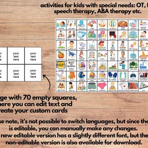 K&ouml;nnte beinhalten: Eine druckbare visuelle Hilfe f&uuml;r Kinder mit besonderen Bed&uuml;rfnissen. Die visuelle Hilfe zeigt 70 Quadrate mit Bildern und Texten zu Aktivit&auml;ten wie Spielzeit, Lernzeit, Basteln, Physiotherapie, Ergotherapie und mehr. Die visuelle Hilfe enth&auml;lt auch eine Seite mit 70 leeren Quadraten, auf denen Sie Text bearbeiten und eigene Karten erstellen k&ouml;nnen.