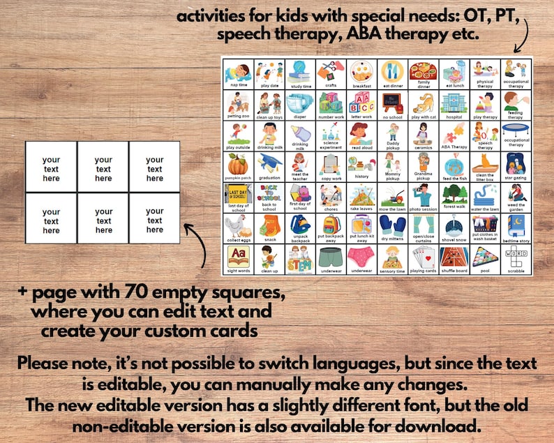 K&ouml;nnte beinhalten: Eine druckbare visuelle Hilfe f&uuml;r Kinder mit besonderen Bed&uuml;rfnissen. Die visuelle Hilfe zeigt 70 Quadrate mit Bildern und Texten zu Aktivit&auml;ten wie Spielzeit, Lernzeit, Basteln, Physiotherapie, Ergotherapie und mehr. Die visuelle Hilfe enth&auml;lt auch eine Seite mit 70 leeren Quadraten, auf denen Sie Text bearbeiten und eigene Karten erstellen k&ouml;nnen.
