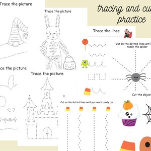 May include: A printable worksheet with tracing and cutting activities for kids. The worksheet features Halloween-themed images like a witch's hat, a skeleton, a pumpkin, a haunted house, a spider, a candy corn, and a cupcake.