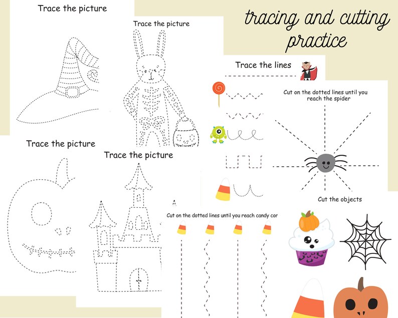 May include: A printable worksheet with tracing and cutting activities for kids. The worksheet features Halloween-themed images like a witch's hat, a skeleton, a pumpkin, a haunted house, a spider, a candy corn, and a cupcake.