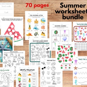 May include: A set of 70 printable summer-themed worksheets for kids. The worksheets feature a variety of activities, including counting, graphing, tracing lines, and identifying pictures. The worksheets are illustrated with colorful images of beach-related objects, such as seashells, starfish, and crabs.
