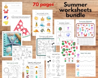 Summer beach worksheets for toddler and preschool kids, Summer activity workbook for homeschool learning