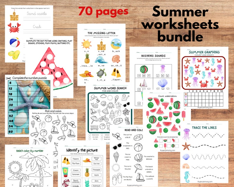 May include: A set of 70 printable summer-themed worksheets for kids. The worksheets feature a variety of activities, including counting, graphing, tracing lines, and identifying pictures. The worksheets are illustrated with colorful images of beach-related objects, such as seashells, starfish, and crabs.