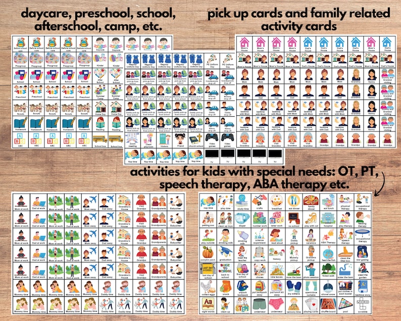 May include: A set of visual aids for children with special needs. The cards feature images of activities for daycare, preschool, school, after-school, camp, and family-related activities. The cards are organised into grids with white borders and colourful illustrations.