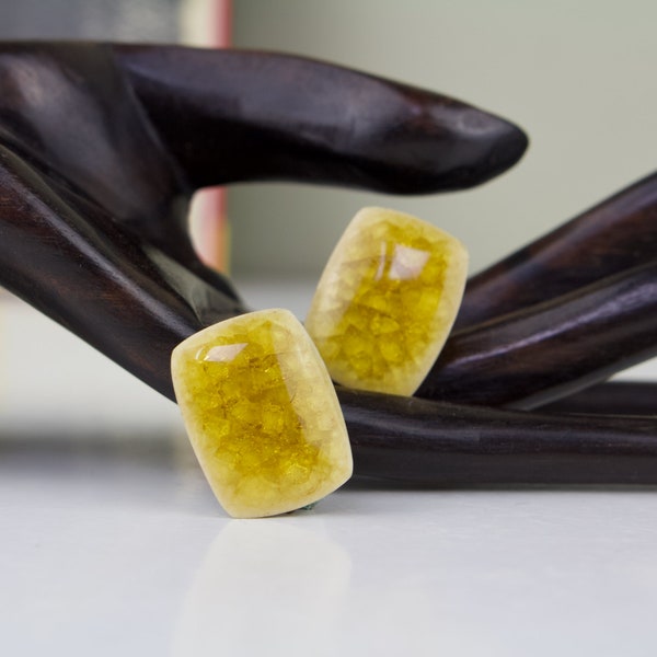 Clip-On Earrings by Krüger, Denmark in Mustard Yellow Glass Frit on Porcelain
