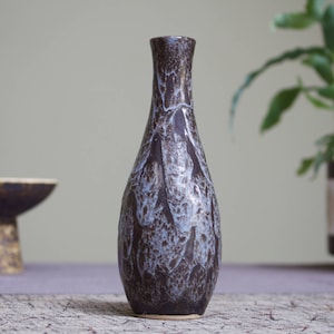 Ceramic Fat Lava Style Vase with Thick, Textured Glaze in Black and Denim Blue