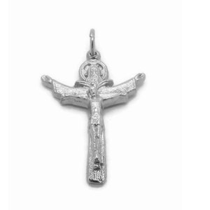 May include: Silver-toned crucifix pendant with a detailed depiction of Jesus Christ with outstretched arms. The crucifix is designed with a halo above Jesus' head and a decorative cross.