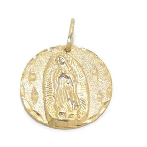 Small virgin mary medallion charm pendant 14k yellow gold.