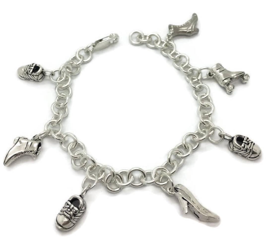 Charm Bracelet With 7 Shoes Charms Handmade .925 Sterling