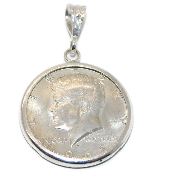 Half Dollar Kennedy 1968 coin on a .925 Sterling Silver Charm Bezel