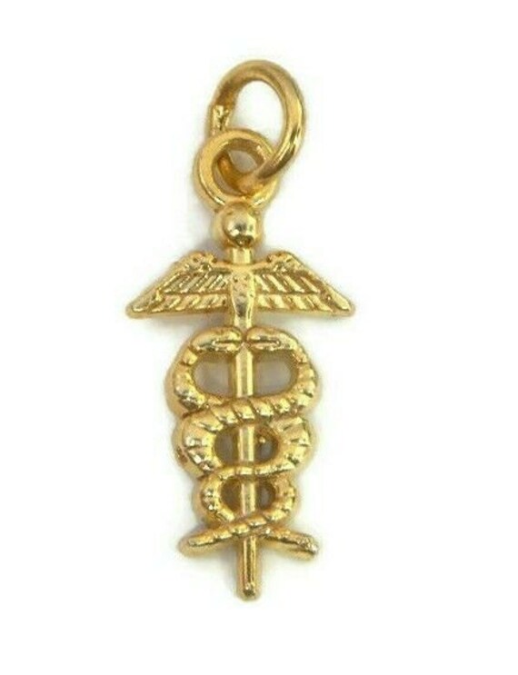 Caduceus medical symbol charm pendant 14k Yellow Gold. Etsy