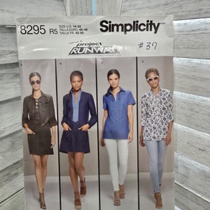 May include: Simplicity sewing pattern 8295 for Project Runway, size U.S. 14-22. The envelope displays four garment variations: a black lace-up dress, a navy blue tunic dress, a blue short-sleeve shirt with white pants, and a floral print shirt with jeans.