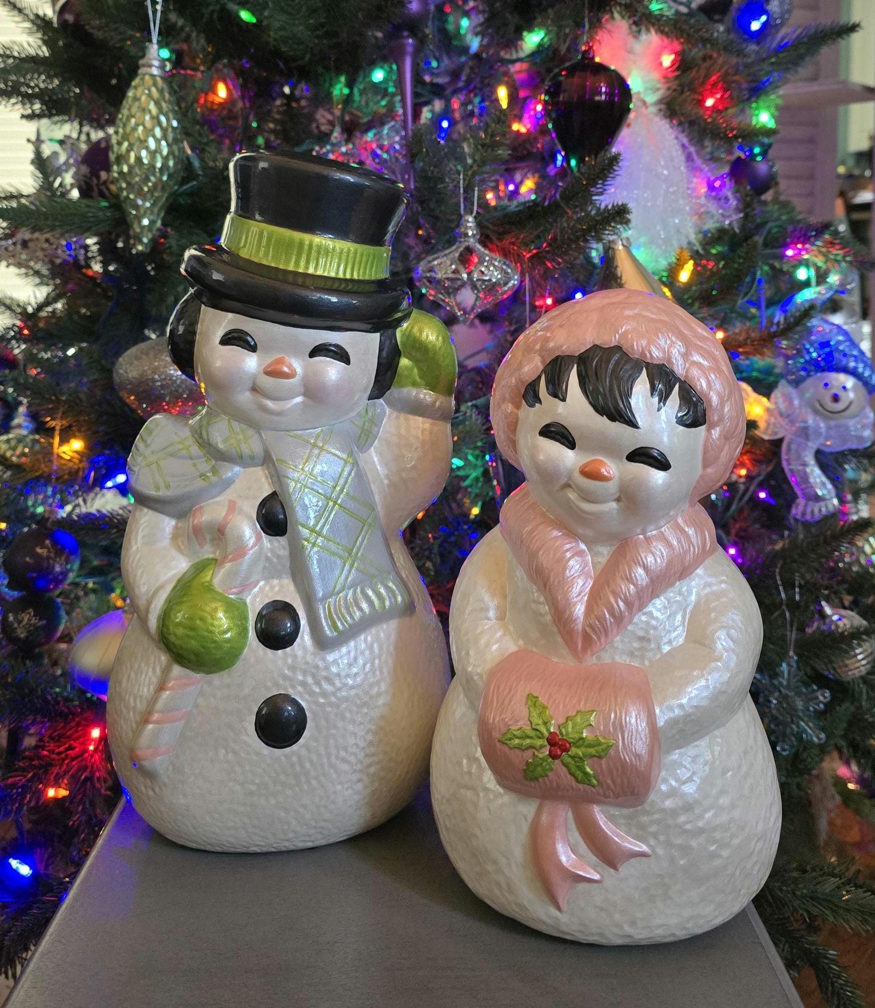 Vintage Hand-painted Snowman & Snowwoman Set – Sparkly Christmas