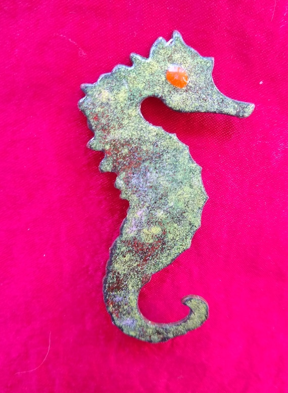 Vintage brass seahorse brooch with enamel finish - image 1