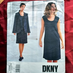 May include: A sewing pattern for a sleeveless dress and a jacket. The pattern is for DKNY and the pattern number is 2334.