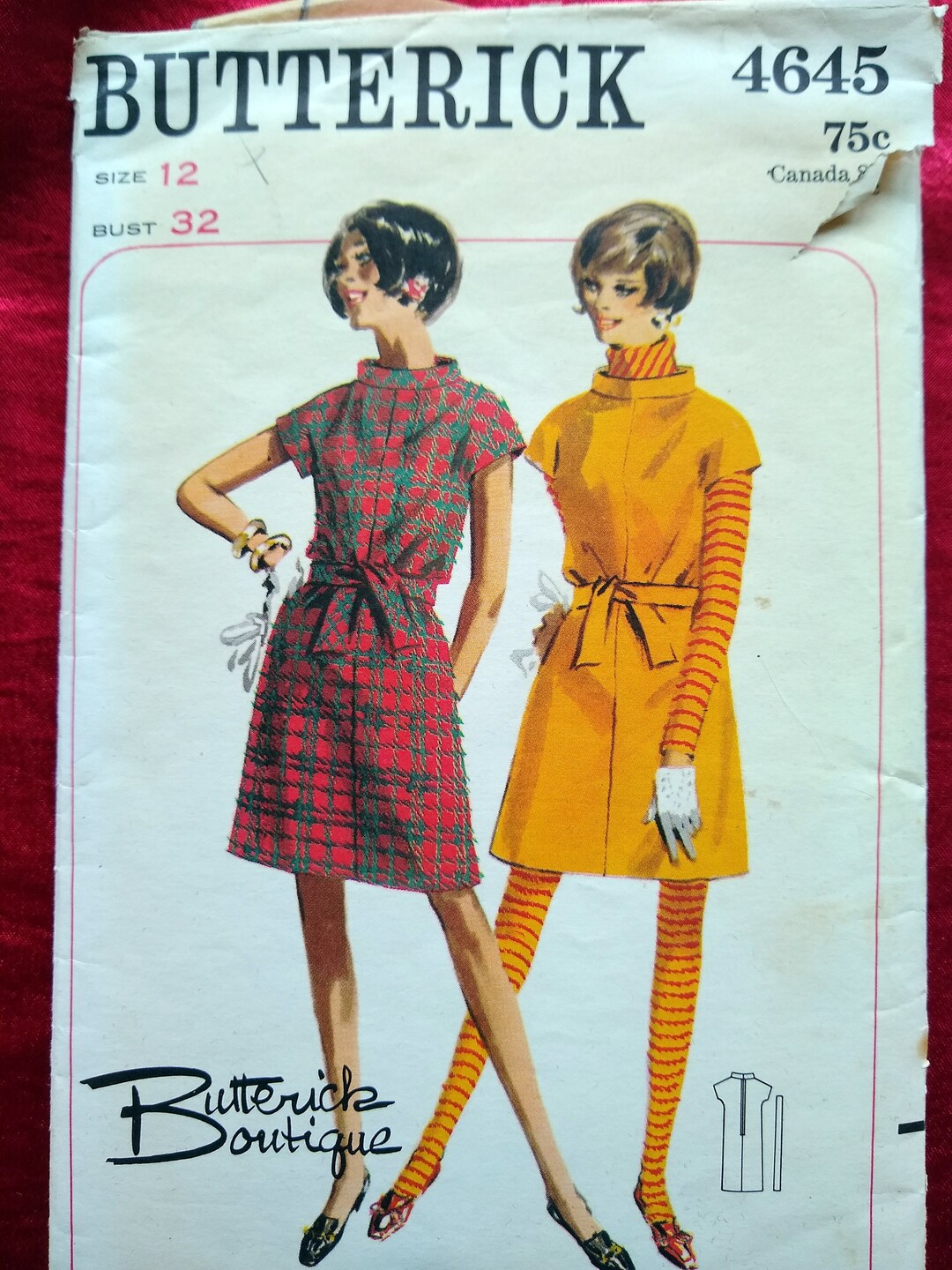 Butterick 4645 1960s Boho Beatnik Tunic Dress Pattern. Size 12 32 B CUT ...