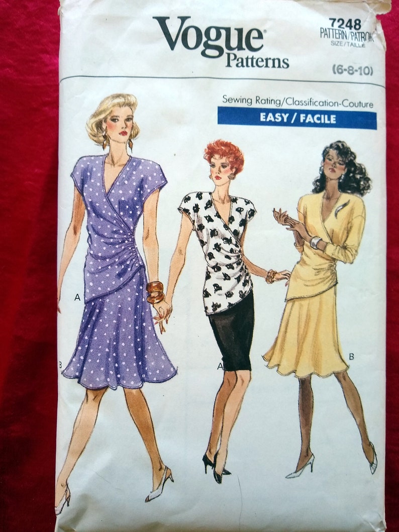 Vogue 7248 1980s Skirt and Side Draped Top Pattern. Size 10 32.5 B CUT ...