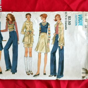 May include: Vintage Vogue pattern envelope featuring illustrations of women's clothing designs. The designs include a trench coat, striped tops, high-waisted pants, a skirt, and a jacket. The envelope has text that reads "Vogue Pattern" and the price.