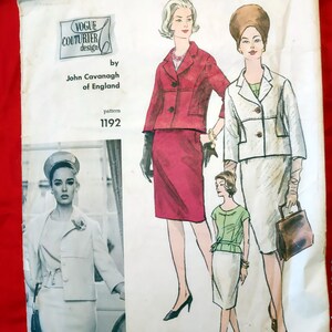 May include: Vintage Vogue Couturier design sewing pattern by John Cavanagh of England, pattern 1192. The illustration features women in stylish suits and dresses in red, white, and green. A black and white photograph of a woman in a suit is also included.