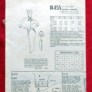 May include: A vintage sewing pattern for a women's blouse and skirt. The pattern is for sizes 12-14-16 and includes instructions for sewing the garment. The pattern is from the 1950s and features a simple, smart suit-look. The pattern includes a measurement chart for bust, waist, and hip.
