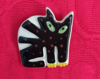 Handmade ceramic black cat brooch