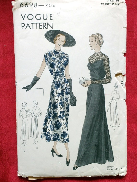 1940s Vogue evening dress pattern 6698 shaped front and back yoke Size 14 B  32