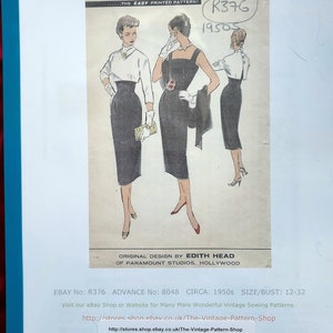 May include: Vintage sewing pattern for a dress from Advance American Designer, pattern number 8048, size 12, circa 1950s. The pattern is for a dress with a fitted bodice and a full skirt. The pattern is in black and white and features a woman wearing the dress.