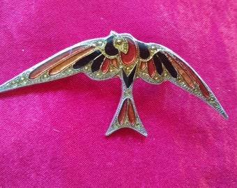 Bex Art Deco red and black swallow brooch pin with faux marcasites