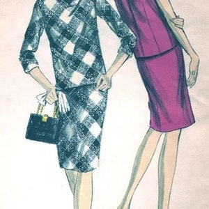 May include: Two women wearing dresses. The woman on the left is wearing a black and white checkered dress with a black purse. The woman on the right is wearing a pink dress. Both women are wearing heels.