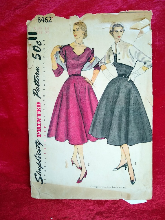 Simplicity 8462 1950s dress with curved bodice, swing skirt and bolero Size  14 B CUT