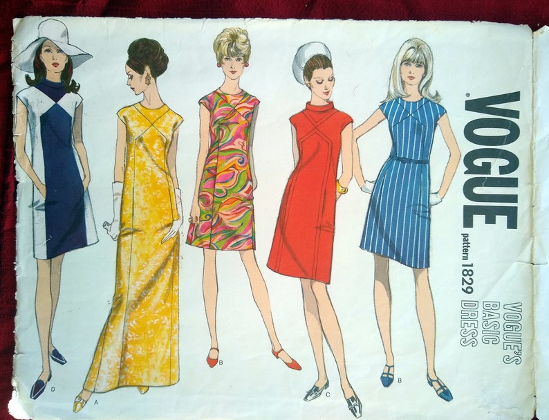 Pattern V1829 Vogue 1829 1960s Mod Dress Pattern With Seaming Details Size 10 B 31 ...