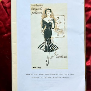 May include: Vintage sewing pattern featuring a black dress design with a mermaid silhouette. The pattern is labeled "American Designer's Patterns" and includes the text "by Jo Copeland" and "NO.1036". The bust size is 14-36 1/2.