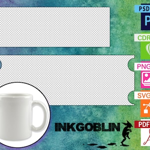 Könnte beinhalten: Eine weiße Keramiktasse mit Henkel, die auf einem blauen und grünen Aquarellhintergrund steht. Der Text "INKGOBLIN" ist unter der Tasse sichtbar.