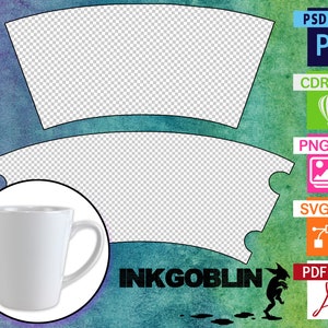 Peut inclure: Une tasse en céramique blanche avec un fond arrondi et une anse. La tasse est posée sur un fond aquarelle bleu et vert avec le texte "INKGOBLIN" en noir.