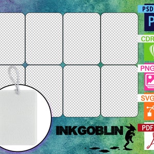 May include: A set of six blank, white, rectangular cards with rounded corners. The cards are arranged in a grid of two rows and three columns. The cards are on a blue, green, and purple watercolor background. A white tag with a silver loop is in the lower left corner of the image. The text "INKGOBLIN" is in black letters at the bottom of the image.