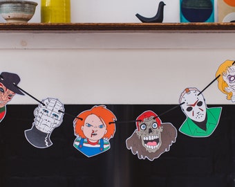 80s Horror Garland,  Gift for Horror Fan, Jason Voorhees, Freddy Krueger, evil dead, chucky, pinhead, cult movies, Halloween