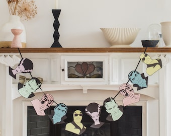 Monster Mash Garland, Christmas Horror, Universal Monsters, Spooky Party, pastel decor, Pastel Goth, Vintage Horror