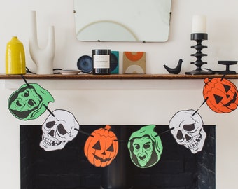 Silver Shamrock garland, Retro Horror decor, paper garland, 1980s party, pumpkin, skull, witch mask