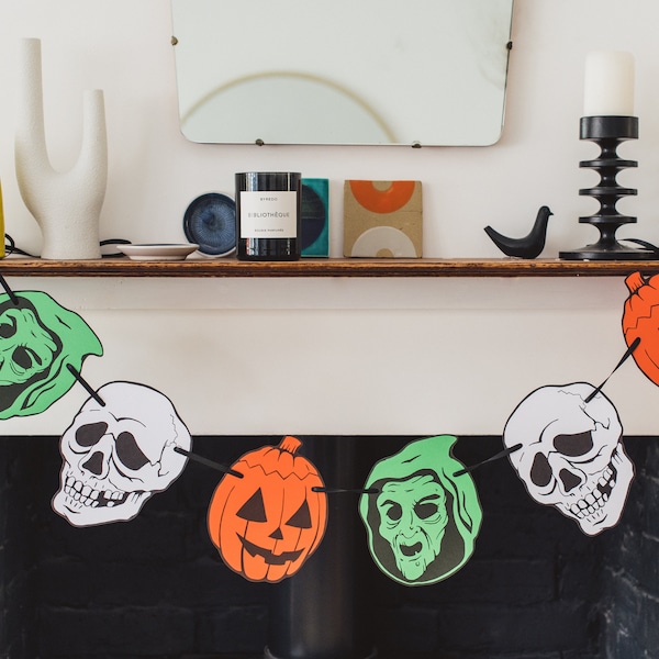 Silver Shamrock garland, Retro Horror decor, paper garland, 1980s party, pumpkin, skull, witch mask