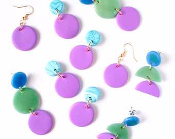 Jade.Lila.Blue Mix - Handmade Polymer Clay Earrings - Statement Earrings - Wearable Art - Jewelry