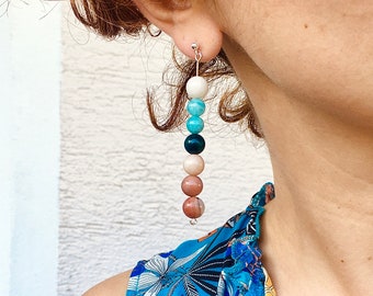 Earring Shish - Turquois, Amazonite, Agate Stones Earrings with 925 Sterling Silver Stud - Wearable Art - Jewelry - Unique Design