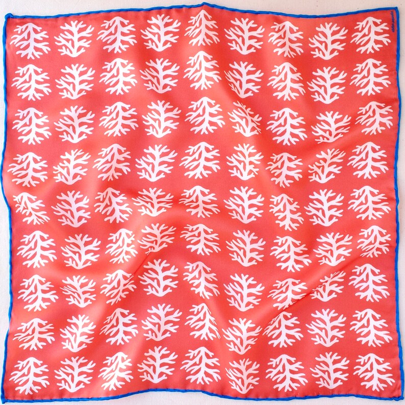 Year of Coral with dark blue edges Hand Illustrated 100% Silk Scarf image 1