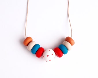 Red Dots - Handmade Clay Necklaces - Mixed Colors - Wearable Art - Jewelry - Unique Design - With Leather Cord